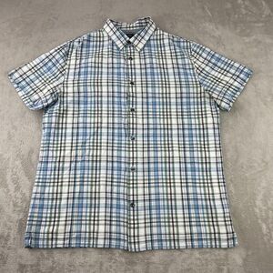 VINCE Shirt Men Large Blue Plaid Cotton Blend Single Stitch Designer Short Sleev